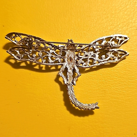 Black Rhinestones Dragonfly Brooch Pin Silver Tone Filigree Vintage Jewelry - Picture 5 of 6